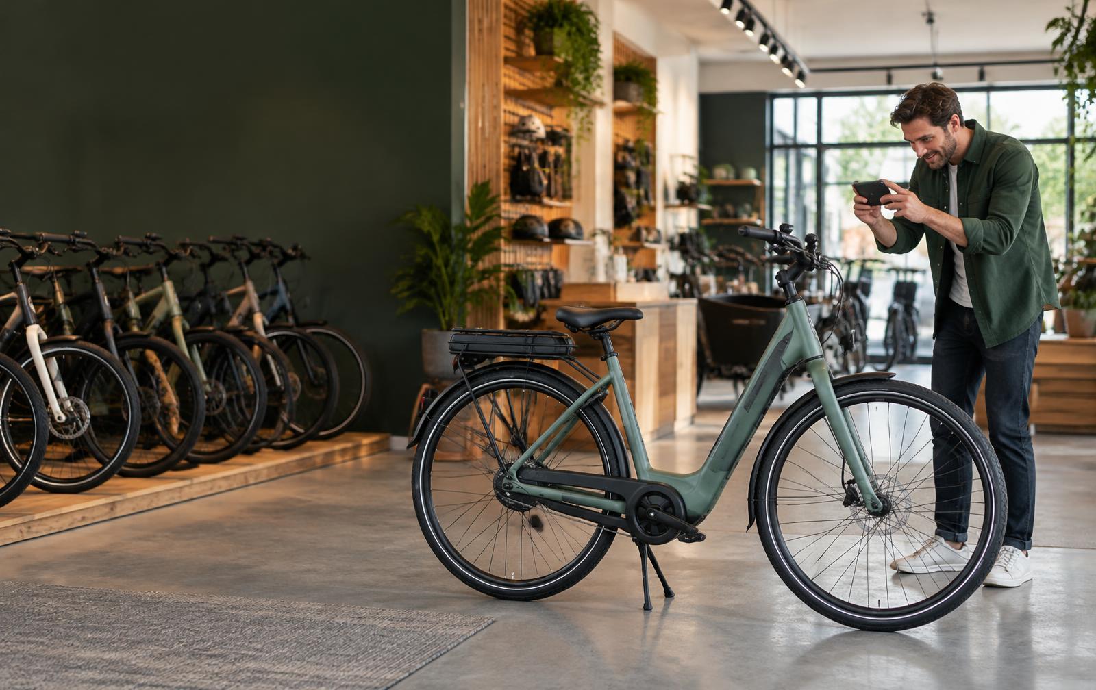 Fietsenverkoper fotografeert een fiets in de showroom